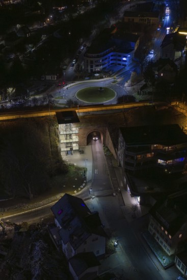 Nocturnal image of an illuminated road and bridge tunnel with modern architecture, Nagold, Calw district, Germany