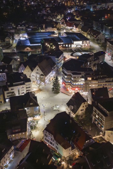 Night view of a city center with illuminated buildings and a Christmas tree, Nagold, Calw district, Germany