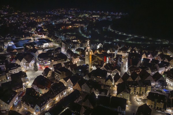Nocturnal view of an urban landscape with illuminated roads and a church, Nagold, Calw district, Germany