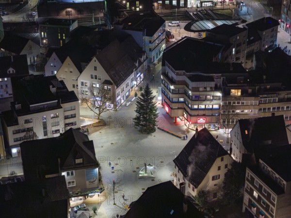 City center at night with illuminated buildings and a Christmas tree in the middle, Nagold, Calw district, Germany