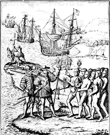 Columbus arrival on Hispaniola in 1492 and first encounter with indigenous Aztec population, three expedition ships, two-master, cross building, symbol of Christian religion, gifts, gold, silver, loincloth, weapons, sword, colonization, New World, journey, historical illustration around 1900