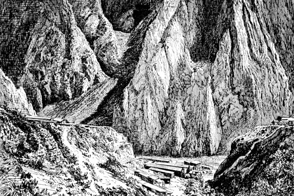 Mountain pass in the Cordillera of Peru, high mountains, gorge, valley, building, village, erosion, geology, Andes, South America, travel, historical illustration around 1900