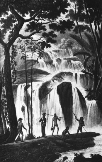 Waterfall in New Ireland, formerly Neumecklenburg, today New Guinea, Micronesia archipelago, Pacific Ocean, rainforest, inner tropics, tropical climate, local fish, long staff with fork, colonial owner, travel, historical illustration around 1900