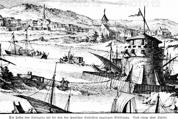 Port of Cartagena with the Spanish fortress, tower, loopholes, cannons, city view, Christian church, sailing ships, heavy shipping traffic, iron chain, barrier, Spanish conquest, colonization, travel, Caribbean, Colombia, historical illustration around 1900