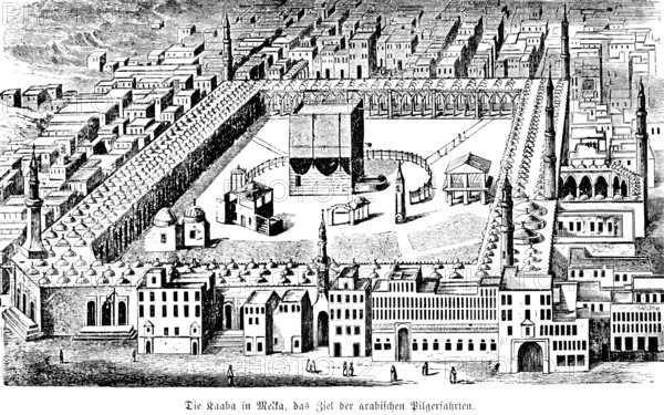 Kaaba in Mecca, destination of Islamic pilgrims, duty of pilgrimage, square building, cuboid, sanctuary of Islam, al-Haram mosque minarets, people, believers, Hajj, cityscape Mecca, holy, Saudi Arabia, Arabian Peninsula, Near Asia, travel, historical illustration around 1900