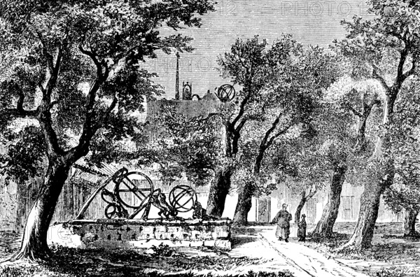 Observatory in Beijing, determining the position of the moon and sun, stars, observing, astronomy, Chinese calendar, Yuan dynasty, Kublai Khan, garden, trees, model, building, people, China, Asia, travel, historical illustration around 1900