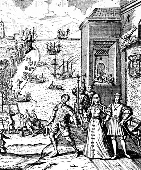 Christopher Columbus said goodbye in 1492 to King Ferdinand II of Aragon and Queen Isabella I of Castile, Palos, Spain, port, three-master, quay, building, coat of arms, maritime flair, city, coast, rowing boats, journey in the 15th century, historical illustration around 1900