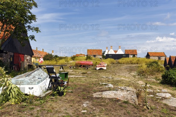 Settlement, traditional houses with red tile roofs, distinctive smokehouse chimneys, FrederiksÃ¸, Frederiksö, Ertholmene, Pea Islands, Bornholm, Denmark