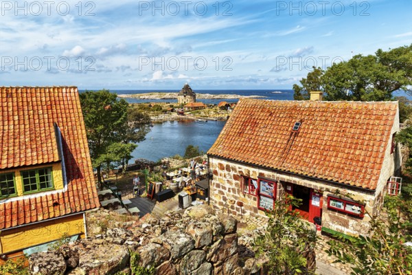 Small tower, Lille Tarn, view over a restaurant on FrederiksÃ¸ Island, Frederiksö, ChristiansÃ¸, Christiansö, Ertholmene, Pea Islands, Bornholm, Denmark
