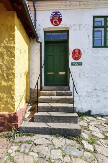 Stairway, police station entrance, sign with the words Police, ChristiansÃ¸, Christiansö, Ertholmene, Pea Islands, Bornholm, Denmark