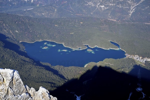 View of Lake Eibsee lake from the mountain station of the Zugspitz cable car (2962 m), Grainau municipality, Garmisch-Partenkirchen district, Bavaria, Germany