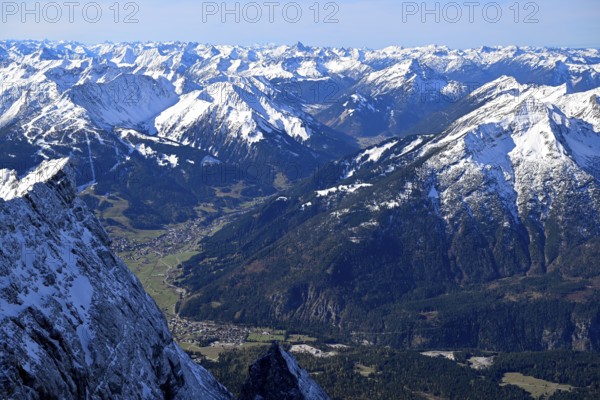 View of the Tyrolean Alps from the mountain station of the Zugspitz cable car, Austrian side, municipality of Ehrwald, Reutte district, Tyrol, Austria