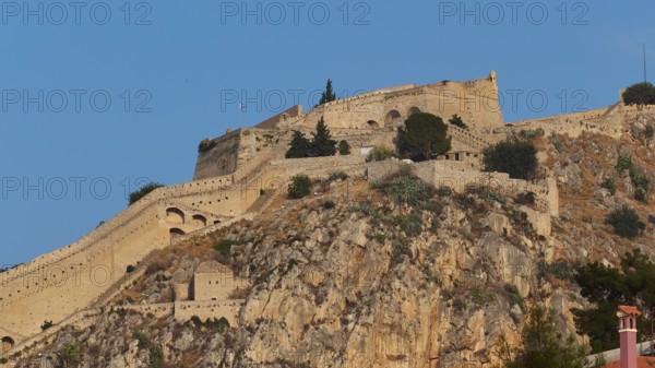 Palamidi Fortress, Mighty castle on a rocky hill under clear sky, Nauplion, Nafplion, Peloponnese, Greece
