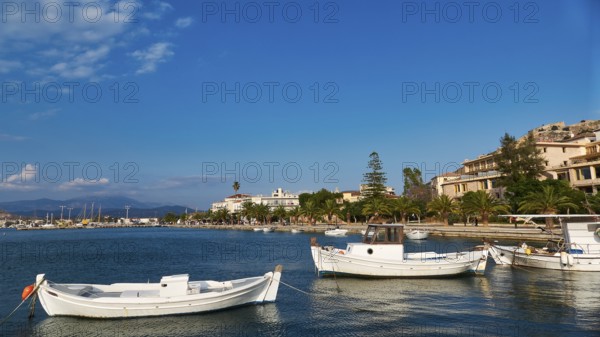 Port of Nauplion, white boat on the calm sea on a coast lined with palm trees, Nauplion, Nafplion, Peloponnese, Greece
