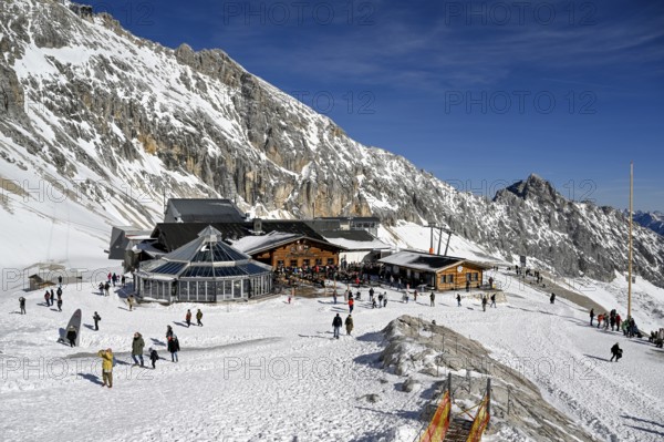 View of the Sonnalpin mountain restaurant on Zugspitzplatt, Grainau municipality, Garmisch-Partenkirchen district, Bavaria, Germany