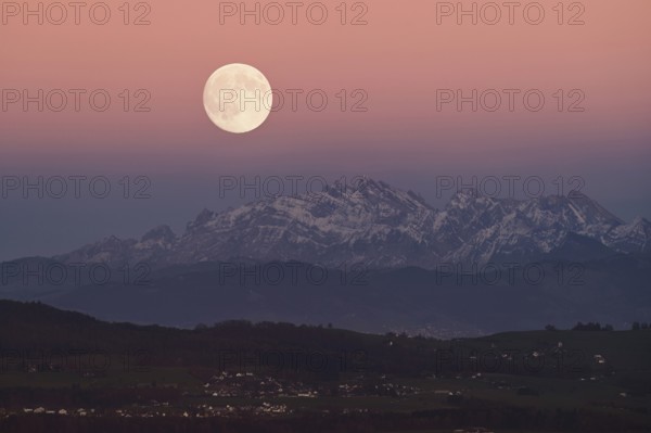 View from Horben of the Alpstein Mountains with the SÃ¤ntis, in the light of the full moon, Beinwil-Freiamt, Canton, Aargau, Switzerland