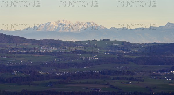 View from Horben to the Mittelland, in the back the Alpstein with the SÃ¤ntis, Beinwil Freiamt, Canton, Aargau, Switzerland