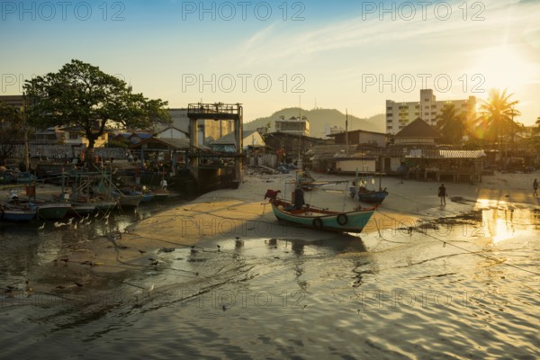 Colorful fishing boats on beach, sunset, Hua Hin, Prachuap Khiri Khan, Central Thailand, Thailand
