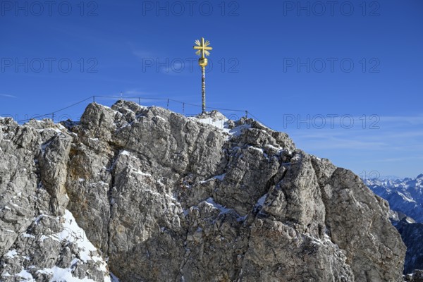 Zugspitze summit cross (2962 m), Grainau municipality, Garmisch-Partenkirchen district, Bavaria, Germany