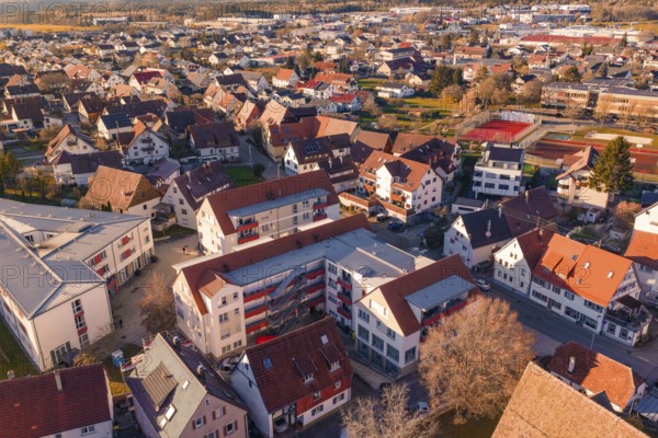 Bird's eye view of a residential area with various terraced houses and multi-storey buildings, Althengstett, Calw district, Germany