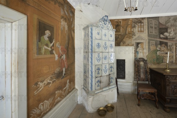 Tiled stove, baroque rectory in VÃ¥gÃ¥, Maihaugen open-air museum with houses and objects from farms in Gudbrandsdal, Lillehammer on Lake MjÃ¸sa, Innlandet Fylke Municipality, Norway