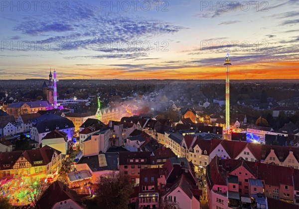 View from above from the Ferris wheel of the atmospheric All Saints Fair in the evening, Altstadt, Soest, North Rhine-Westphalia, Germany
