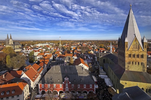 View from above from the Look mobile Skylift 360 degree panorama of St. Patrokli Cathedral and the old town of Soest, North Rhine-Westphalia, Germany