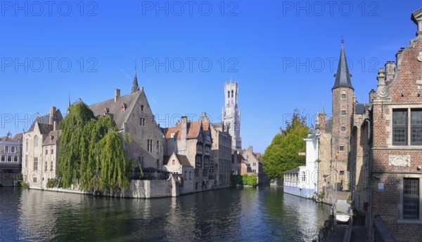 Famous view of Bruges old city with the Belfry and the Dijver canal, Bruges, Flanders, Belgium