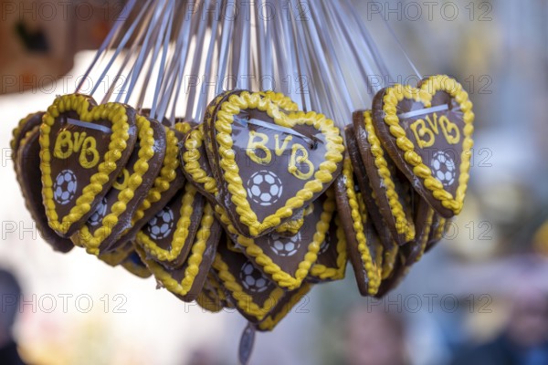 Gingerbread hearts at the Christmas market with the logo of the Bundesliga soccer club BVB 09 Borussia Dortmund, North Rhine-Westphalia, Germany