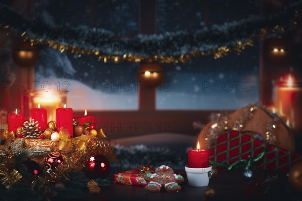 Winter scene with candles, gingerbread man, gifts and Christmas decoration
