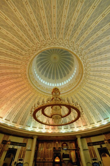 Jame' Asr Hassanil Bolkiah Mosque, Majestic cupola and chandelier in the prayer room, Bandar Seri Begawan, Brunei