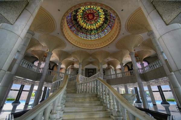 Jame' Asr Hassanil Bolkiah Mosque, Entrance stairs with colorful iron-wrought cupola, Bandar Seri Begawan, Brunei