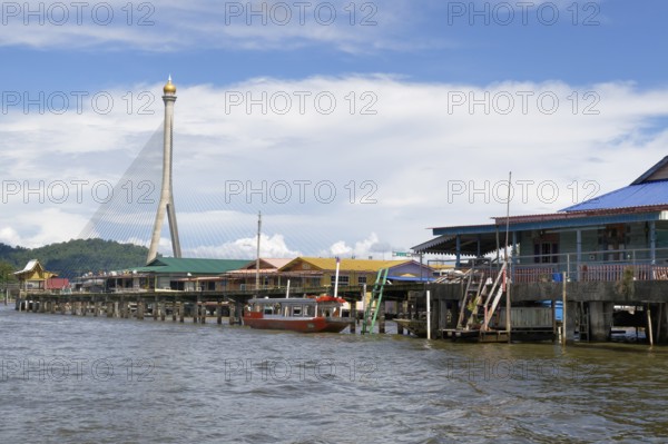 Raja Isteri Pengiran Anak Hajah Saleha Bridge or Sungai Kebun Bridge viewed from the water village of Kampong Ayer, Bandar Seri Begawan, Brunei
