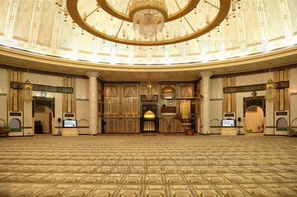 Jame' Asr Hassanil Bolkiah Mosque, Decorated prayer hall with a cupola and majestic chandelier, Bandar Seri Begawan, Brunei