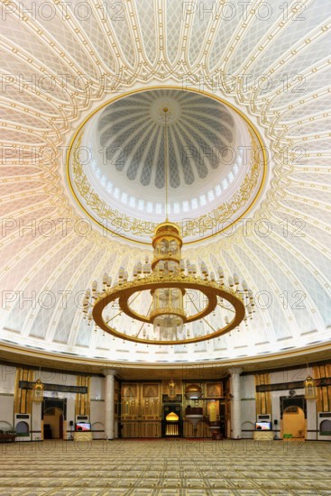 Jame' Asr Hassanil Bolkiah Mosque, Decorated prayer hall with a cupola and majestic chandelier, Bandar Seri Begawan, Brunei