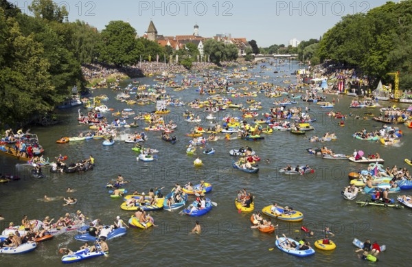 Themed boats at the Nabada boat parade on Schwörmontag, a traditional Ulm holiday, Danube, Ulm, Baden-Wuerttemberg, Germany