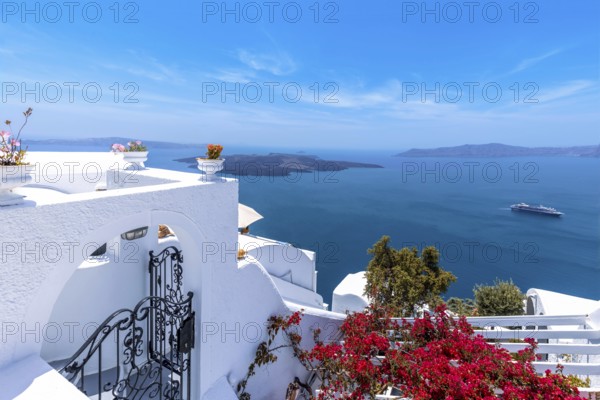 Greece Islands, scenic panoramic sea views of Santorini island from top outlook of Fira village