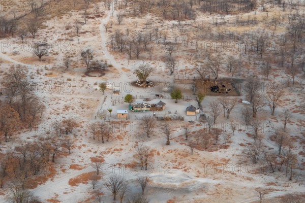 Settlement, simple house and fence, dry savanna landscape, near Maun, aerial view, Okavango Delta, Botswana