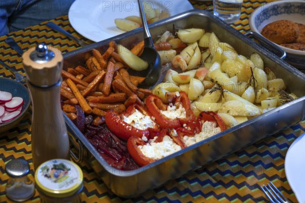 Potatoes and stuffed peppers and carrots served in a casserole, Mecklenburg-Vorpommern, Germany