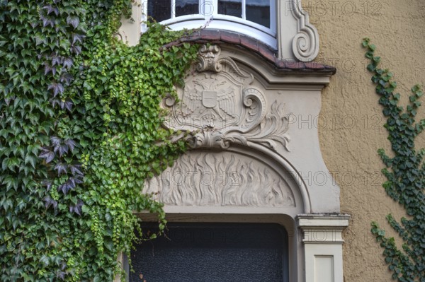 Stucco decoration above the entrance to Johanneum, built in 1905, near St. Johannis 1-3, Hanseatic City of LÃ¼beck, Schlesawig-Holstein, Germany