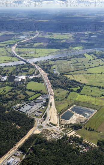 Germany, Europe, Saxony-Anhalt, Elbe, river, Federal Republic of Germany, environment, landscape, landscapes, aerial view, construction site, traffic project, flood protection, Elbe bridge, Wittenberge, Bundesautobahn 14, bridge, motorway, new building