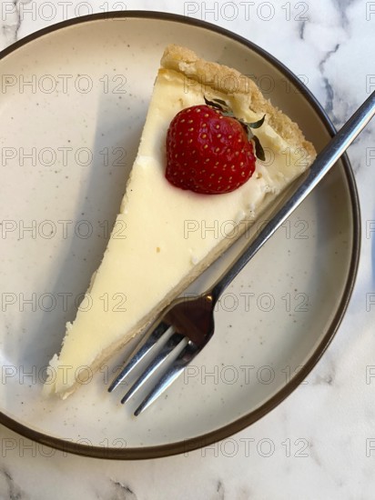 Piece of cheesecake, cheesecake, strawberry, fork, on plate, dessert, food, Free and Hanseatic City of Hamburg, Germany