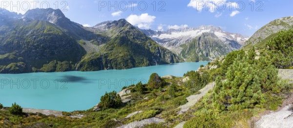 Turquoise blue mountain lake GÃ¶scheneralpsee, picturesque mountain landscape with dammastock and damma glacier, GÃ¶scheneralp, Canton of Uri, Switzerland