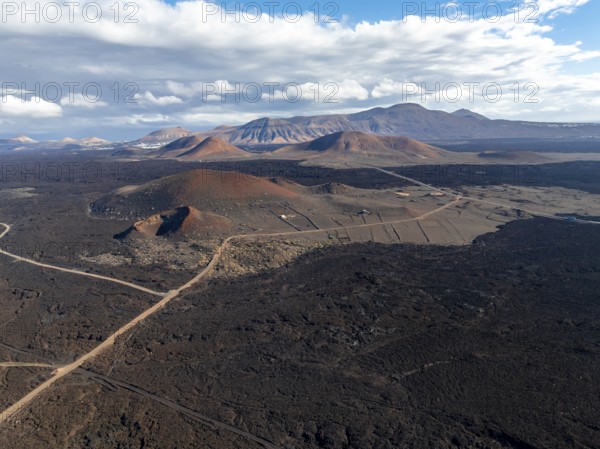 Volcanic landscape with craters and lava fields near El Golfo, aerial view, Lanzarote, Canary Islands, Spain