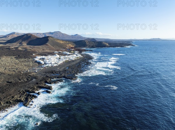 Coastal village fishing village El Golfo, volcanic landscape, coastal landscape, aerial view, Lanzarote, Canary Islands, Spain