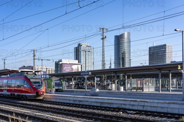 The skyline of downtown Dortmund, seen from the main train station, Regionalbahn, RB43, North Rhine-Westphalia, Germany