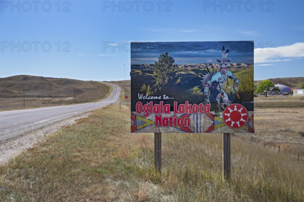 Red Shirt, South Dakota - A sign welcomes travelers to the Oglala Lakota Nation on the Pine Ridge Indian Reservation