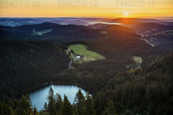 View from Feldberg to Feldsee looking east, sunrise, Black Forest, Southern Black Forest, Baden-WÃ¼rttemberg, Germany