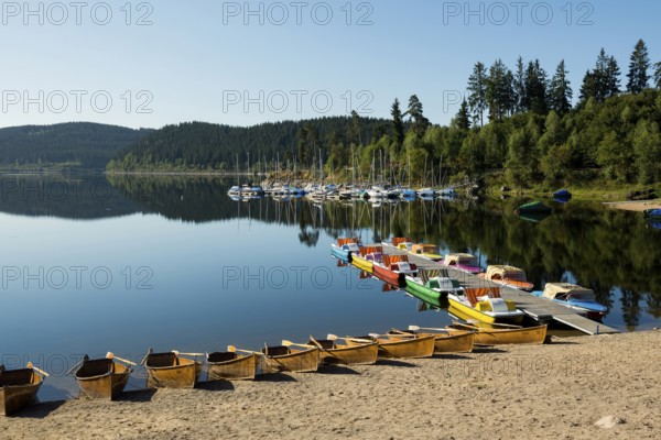 Morning atmosphere with colorful paddle boats and rowing boats, Schluchsee, Black Forest, Southern Black Forest, Baden-WÃ¼rttemberg, Germany