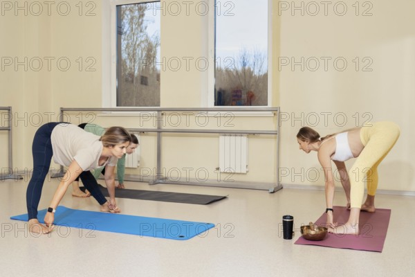 Three individuals are practicing yoga on mats in a spacious studio. The warm, bright space has large windows allowing natural light in, creating a peaceful atmosphere for their practice